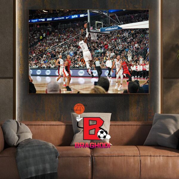 King Lebron James Alley Opps Fast Break Dunk From Stephen Curry Lob Pass In Friendly Match USA Versus Canada Before Olympic Paris 2024 Wall Decor Poster Canvas