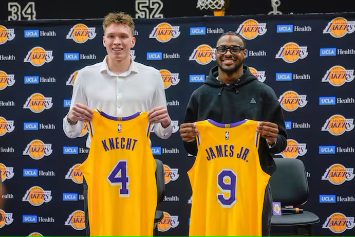 Lakers draft picks Dalton Knecht and Bronny James pose Tuesday